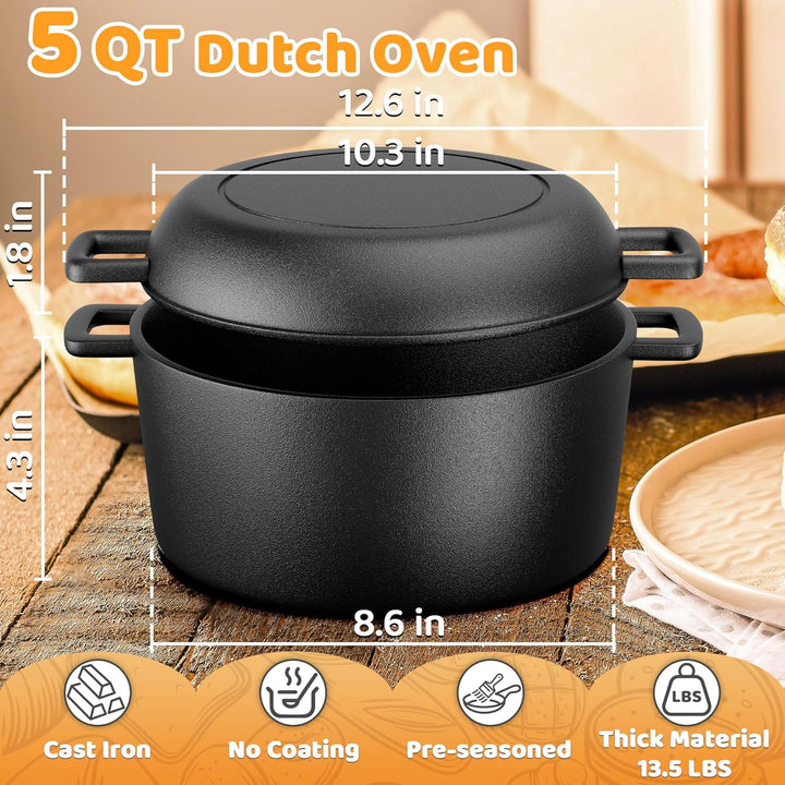 W&H Gusseisen Topf Brot Backen, 26cm Brotbackform mit Deckel Inkl Gärkorb und Teigschaber,5L Vorgewü