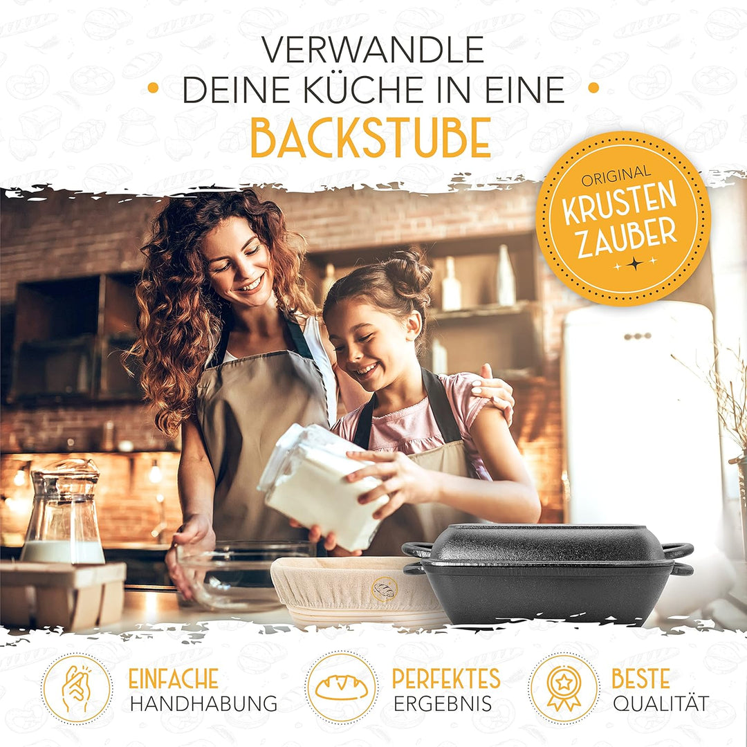 KRUSTENZAUBER 28cm Gusseisen Bräter mit Deckel backofengeeignet inkl. Gärkorb - eckiger Topf Brot Ba
