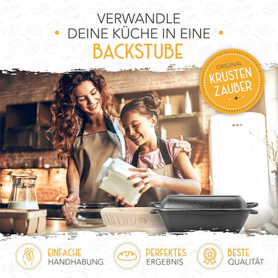 KRUSTENZAUBER 28cm Gusseisen Bräter mit Deckel backofengeeignet inkl. Gärkorb - eckiger Topf Brot Ba