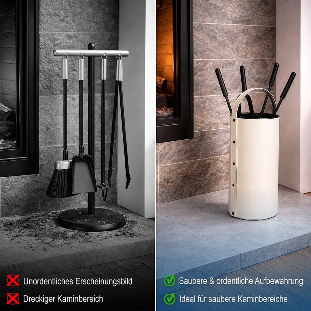 MS Beschläge Kaminbesteck Set 5-tlg mit Besteckbehälter aus Leder Altweiss - moderne Kamingarnitur K
