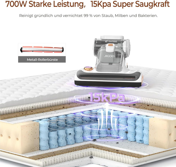 JIGOO T600 Milbensauger für matratzen, 700W Milbenstaubsauger mit UV Licht, 15kpa Anziehung Milben S
