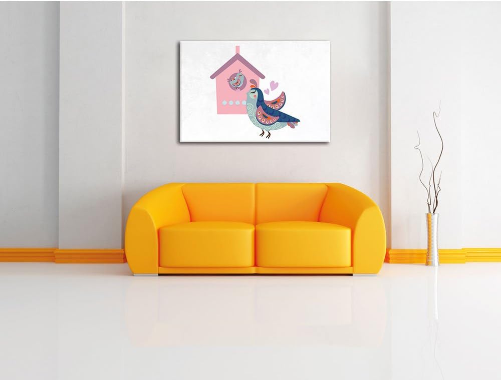 Pixxprint Vogelmutter mit süssem Vogel Baby und Vogelhäuschen weiss, Format: 100x70 auf Leinwand, XX