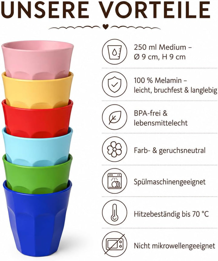 ReWu Melamin Becher 6er Set bunt, 250 ml | BPA-frei, robust, leicht Becher Set, Becher Set