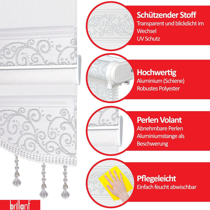 Doppelrollo Klemmfix ohne Bohren Duorollo Weiss Silber glitzert Raffrollo Fenster Tür Rollo Gardinen