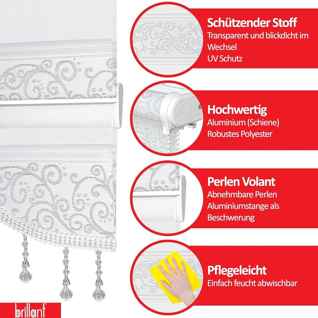 Doppelrollo Klemmfix ohne Bohren Duorollo Weiss Silber glitzert Raffrollo Fenster Tür Rollo Gardinen