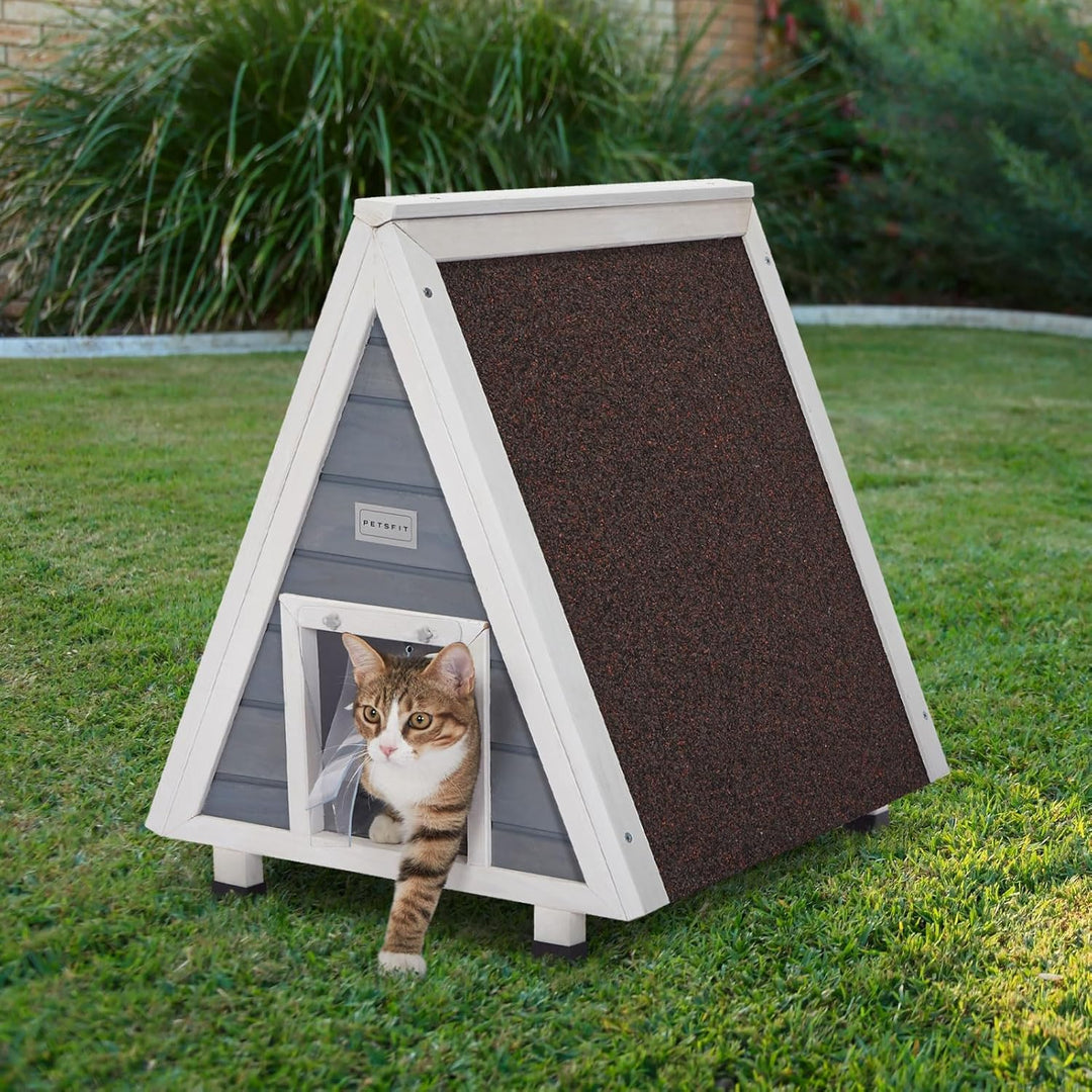 Petsfit Katzenhaus Outdoor Winterfest mit Fluchttür Katzenhaus Outdoor Holz mit erhöhtem Design Katz