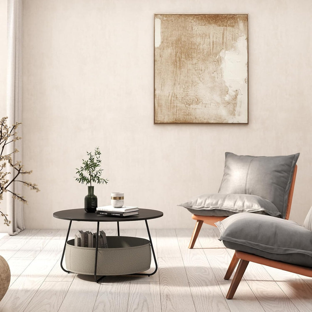 Manora Runder Couchtisch Schwarz mit Stoffkorb & Stauraum,Wohnzimmertisch Rund,Moderner Sofatisch mi