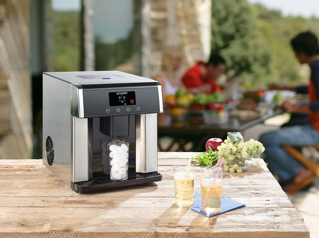Rosenstein & Söhne Eiswürfelbereiter: Eiswürfelmaschine & Wasserspender V2 mit XL-Display, Edelstahl