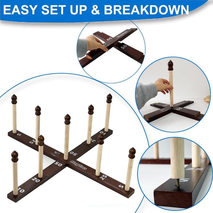 Quoits Ringwurfspiel aus Holz – Wurfspiel-Set mit Tragetasche 10 x Seilringe, 10 x Seilringe