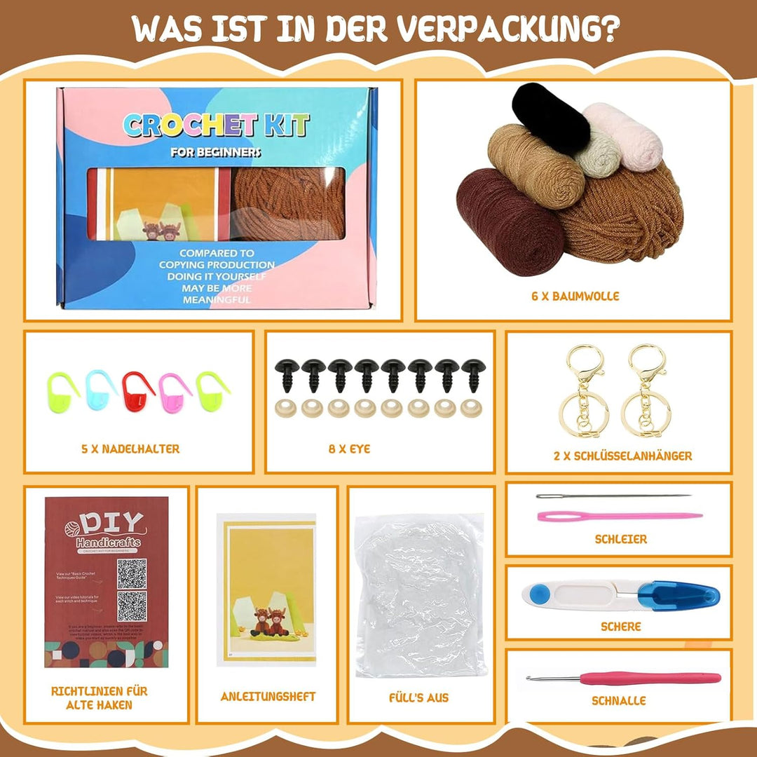 Komplettes Häkelset für Anfänger - Tiere Häkelset, 2 Stück Hochlandrind Strickset für Erwachsene Kin