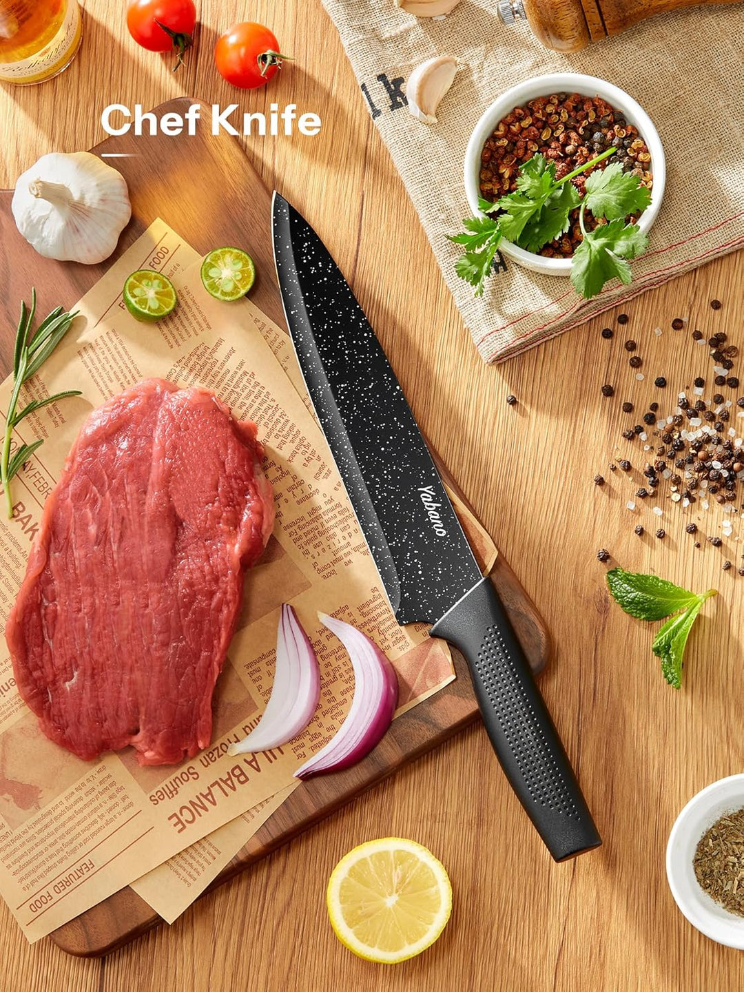 Yabano Messerblock Set, 7 teilig Messerset mit Messerblock und integriertem Messerschärfer,Küchenmes