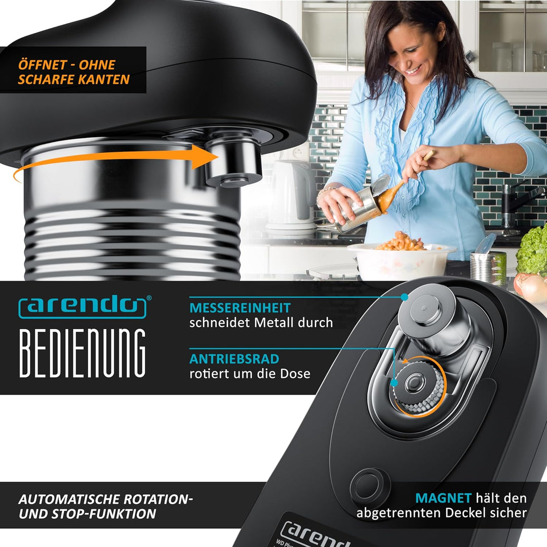 Arendo - Elektrischer Dosenöffner One Touch - mit automatischer 360° Drehung - Öffnung ohne scharfe