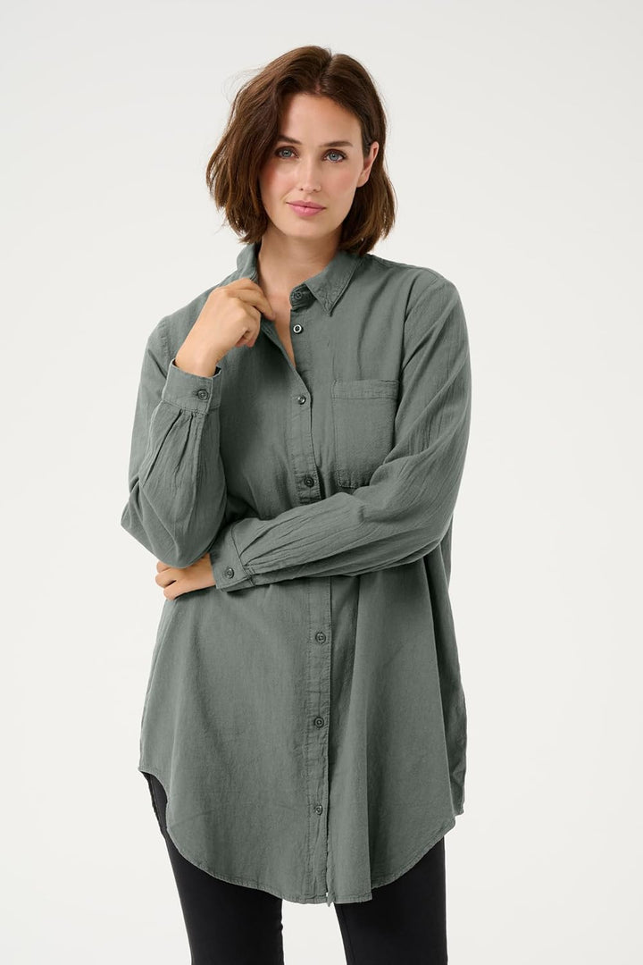 KAFFE Langarm - Hemd KAnaya Damen Hemd Langarm Kragen Lang Casual Hemdbluse 38 Balsam Green, 38 Bals