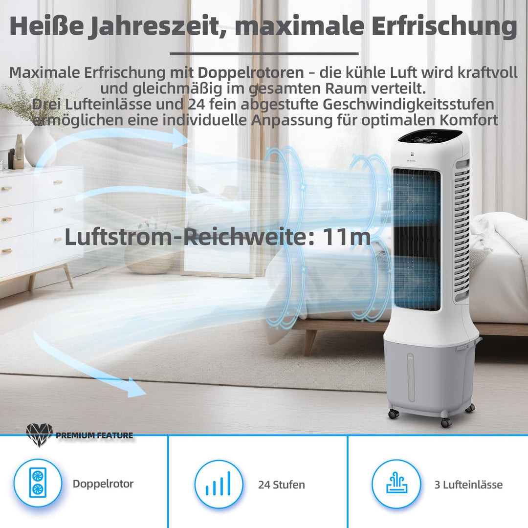 BE COOL Premium Turmluftkühler mit 10L Wassertank & WLAN – 38W, 24 Geschwindigkeiten, 3 Windmodi, 12