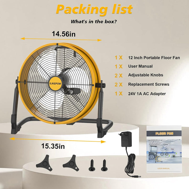 12 Zoll Akku Ventilator Kompatibel mit Dewalt 20V, Tragbarer Bodenventilator mit Netzteil & USB, Sta