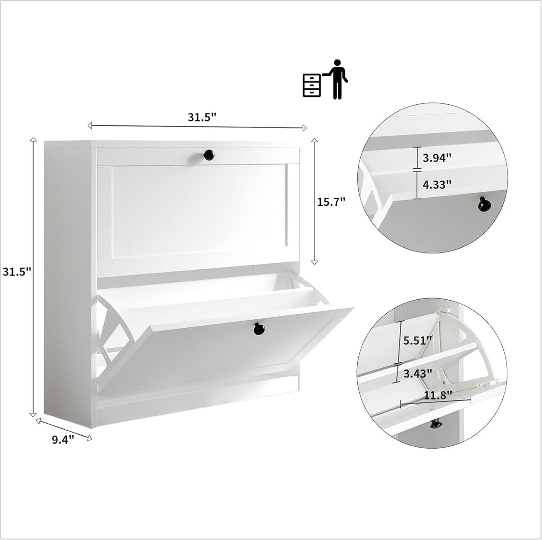 VOWNER Schuhschrank mit 2 Klappen, Schuhregal Schuhkipper Schmal, mit 4 Fächern, Schuhschrank Weiss,