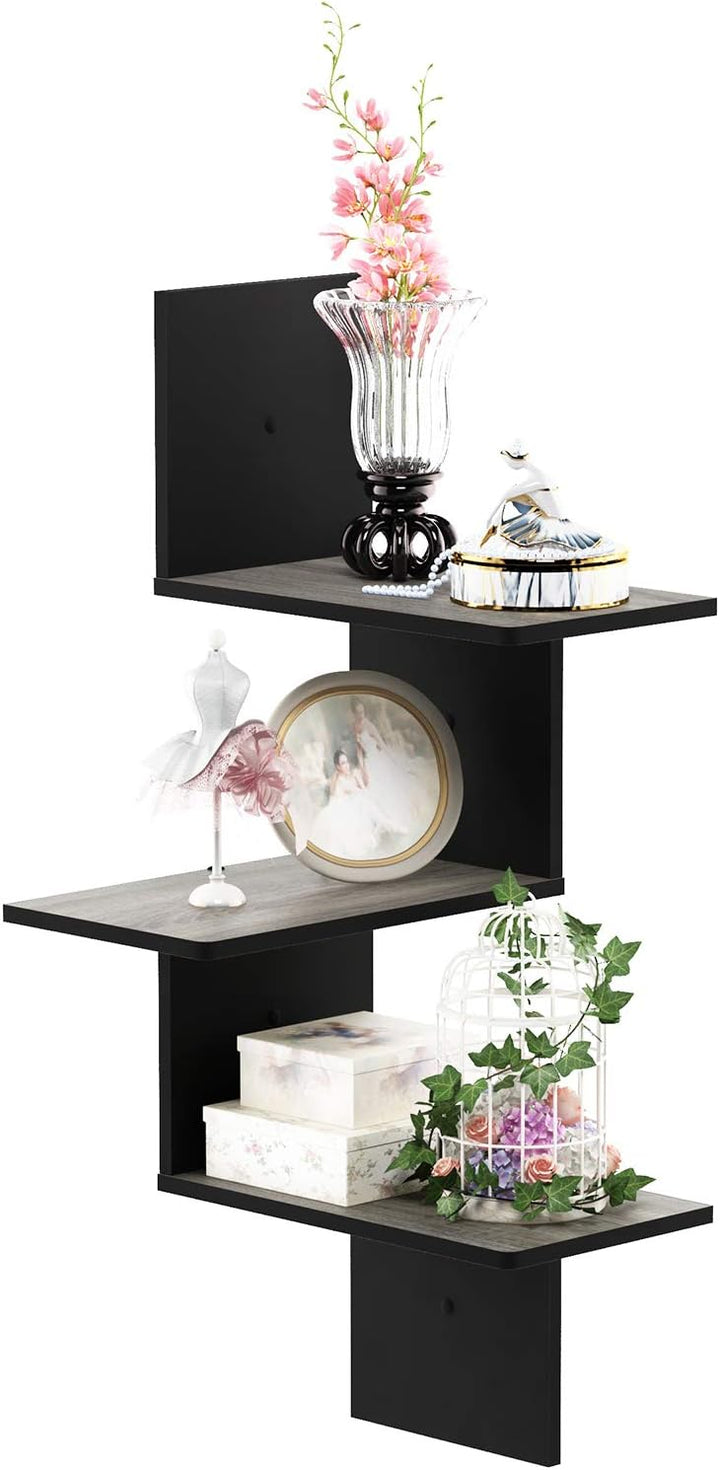 Furinno Rossi Modernes schwebendes 3-stufiges Wand-Eckregal, Französische Eiche/Schwarz Französische