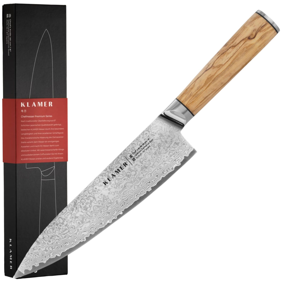 KLAMER Damast Chefmesser 20cm, extra scharfes Küchenmesser, echter japanischer Damaststahl, Fleischm
