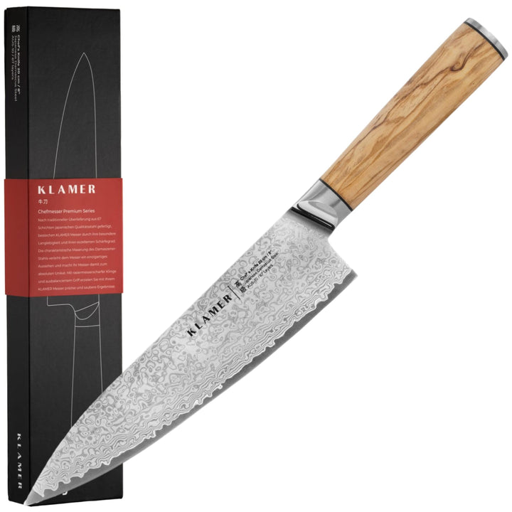 KLAMER Damast Chefmesser 20cm, extra scharfes Küchenmesser, echter japanischer Damaststahl, Fleischm