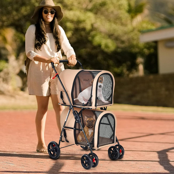 GOPLUS Doppeltschichtiger faltbarer Haustierwagen, 2-stufiger 3-in-1 Haustierwagen auf Rädern, 2 Bre