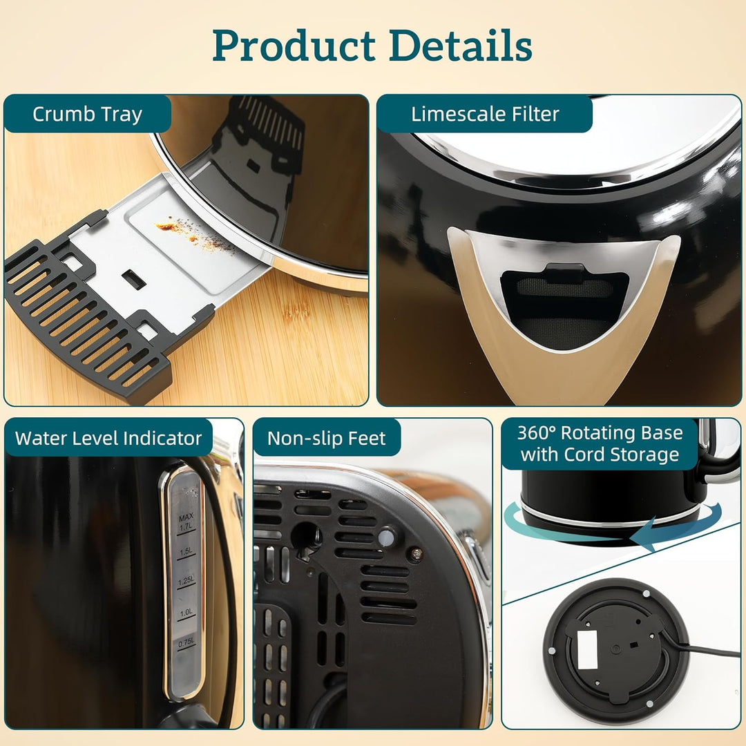 HOMCOM Wasserkocher Toaster Set 1,7L Edelstahl Wasserkocher 2 Scheiben Toaster mit 6 Bräunungsstufen