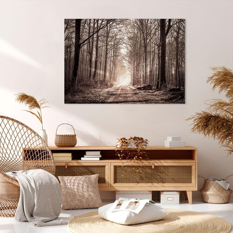 Bilder auf Leinwand 100x70cm Leinwandbild mit Rahmen Wald Strasse Baum Gross Wanddeko Bild Schlafzim