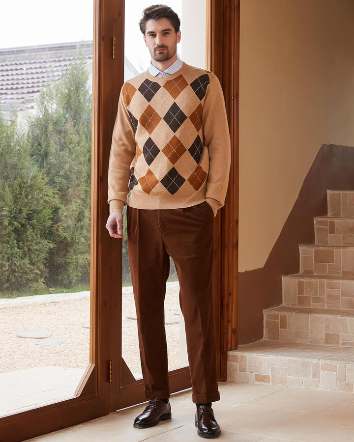 Kallspin Herren Wollmischung Strickpullover Argyle Rundhalsausschnitt Pullover Sweater 3XL Tall Khak