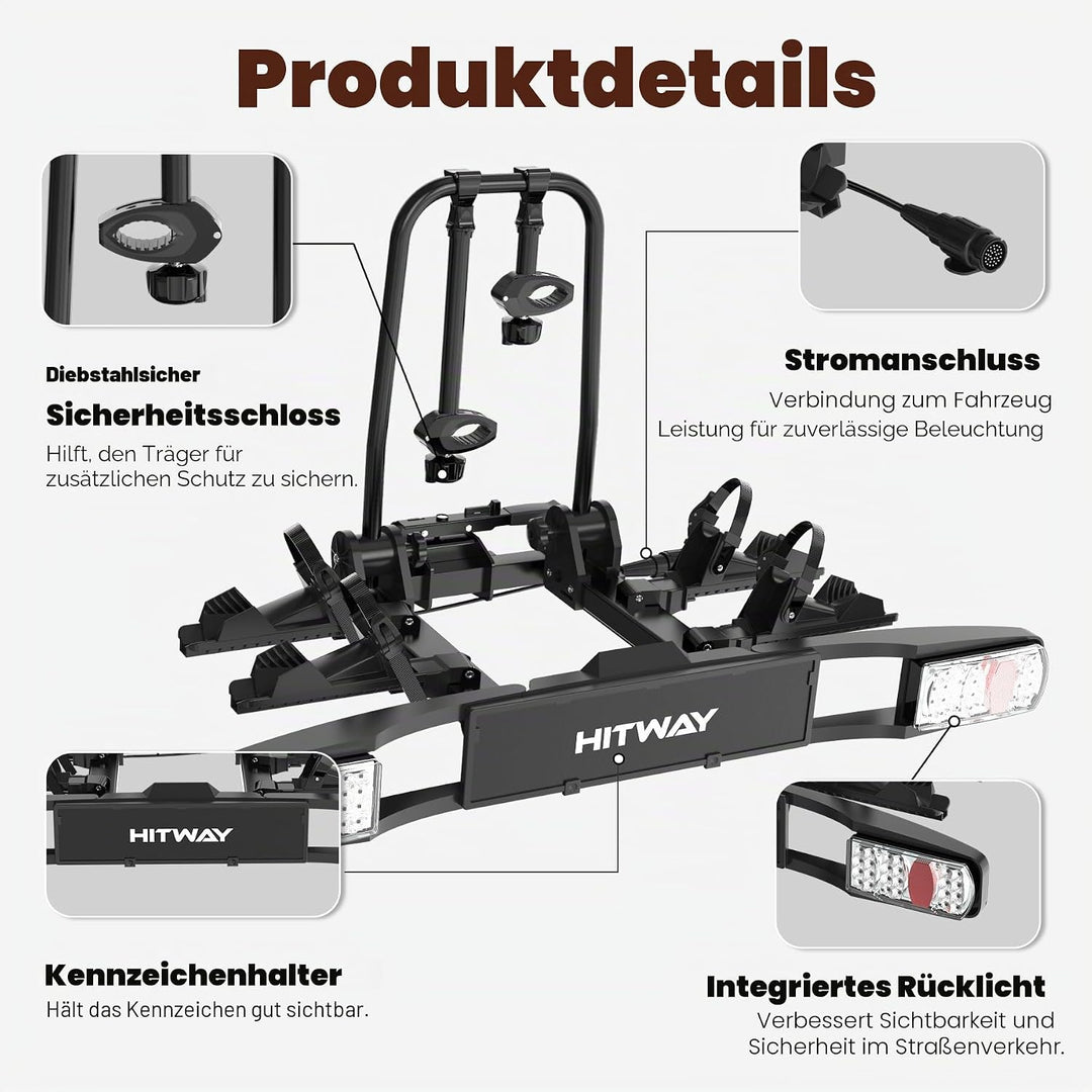 HITWAY Fahrradträger für 2 E-Bikes, 60 kg Tragfähigkeit, klappbare Pedalstützen, LED-Rückleuchten, v