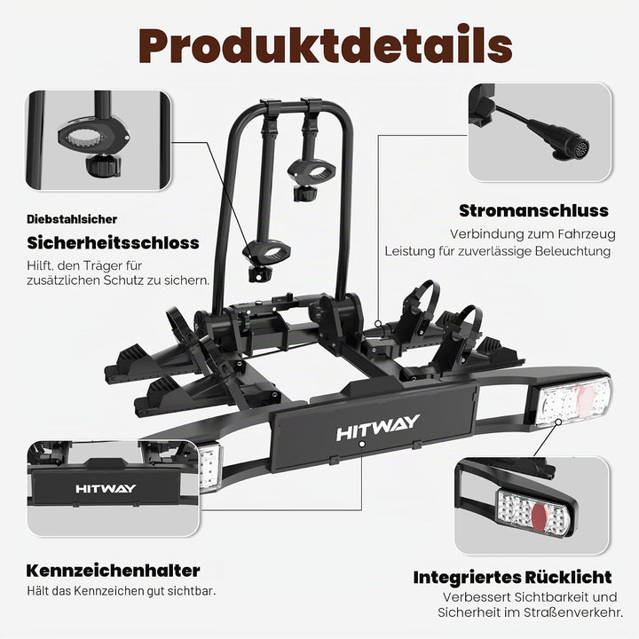 HITWAY Fahrradträger für 2 E-Bikes, 60 kg Tragfähigkeit, klappbare Pedalstützen, LED-Rückleuchten, v