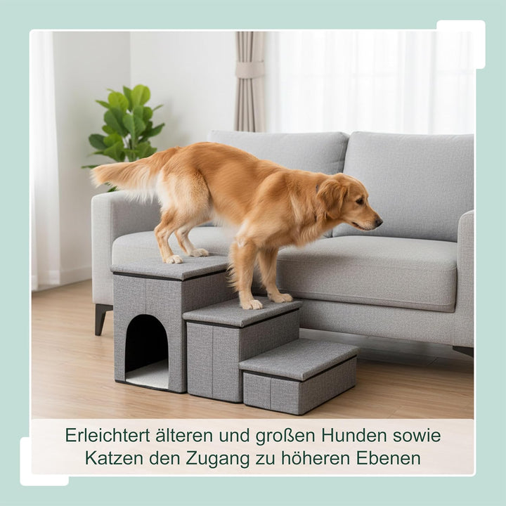 Relaxdays Hundetreppe, 3 Stufen, Höhle & Stauraum, HxBxT: 43 x 75 x 33 cm, faltbar, Hunderampe Bett