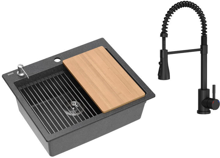 VBChome Set Spülbecken mit Armatur 60 x 50 cm Schwarz Spülmittelspender Siphon Matte Planke Granit S
