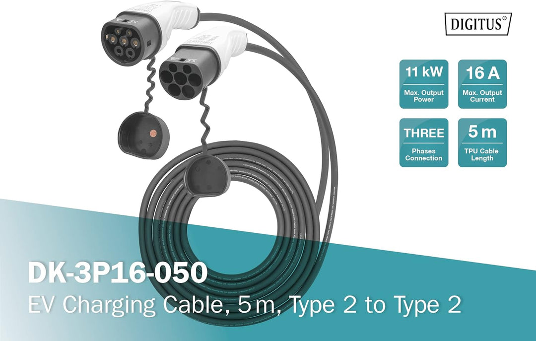 DIGITUS Mode 3 Ladekabel für Elektroautos & PHEV – 5 m – Typ 2 auf Typ 2 – 3-Phasig – 16 A – 11 kW –