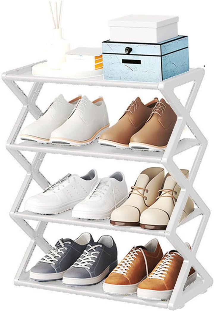 Schuhregal Faltbar, 4 Ebenen, Tragbar, Kunststoff, Weiss, für Flur, Weiss
