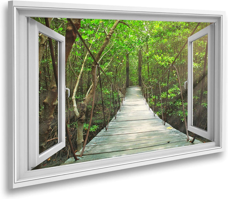 Bild auf Leinwand Fensterblick Hängebrücke im Wald Sagenhafter Effekt Wandbild Leinwandbild XCRR