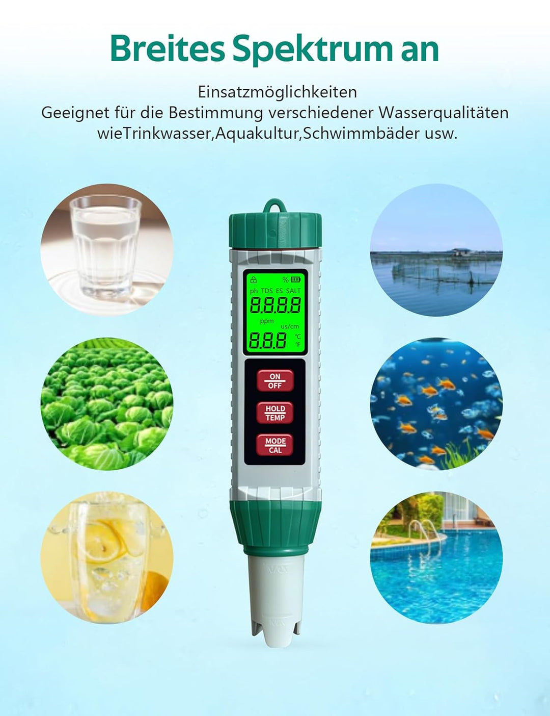 5 in 1 PH Messgerät mit Automatischer Temperaturkompensation, PH/EC/TDS/Salzgehalt/Temperatur Wasser