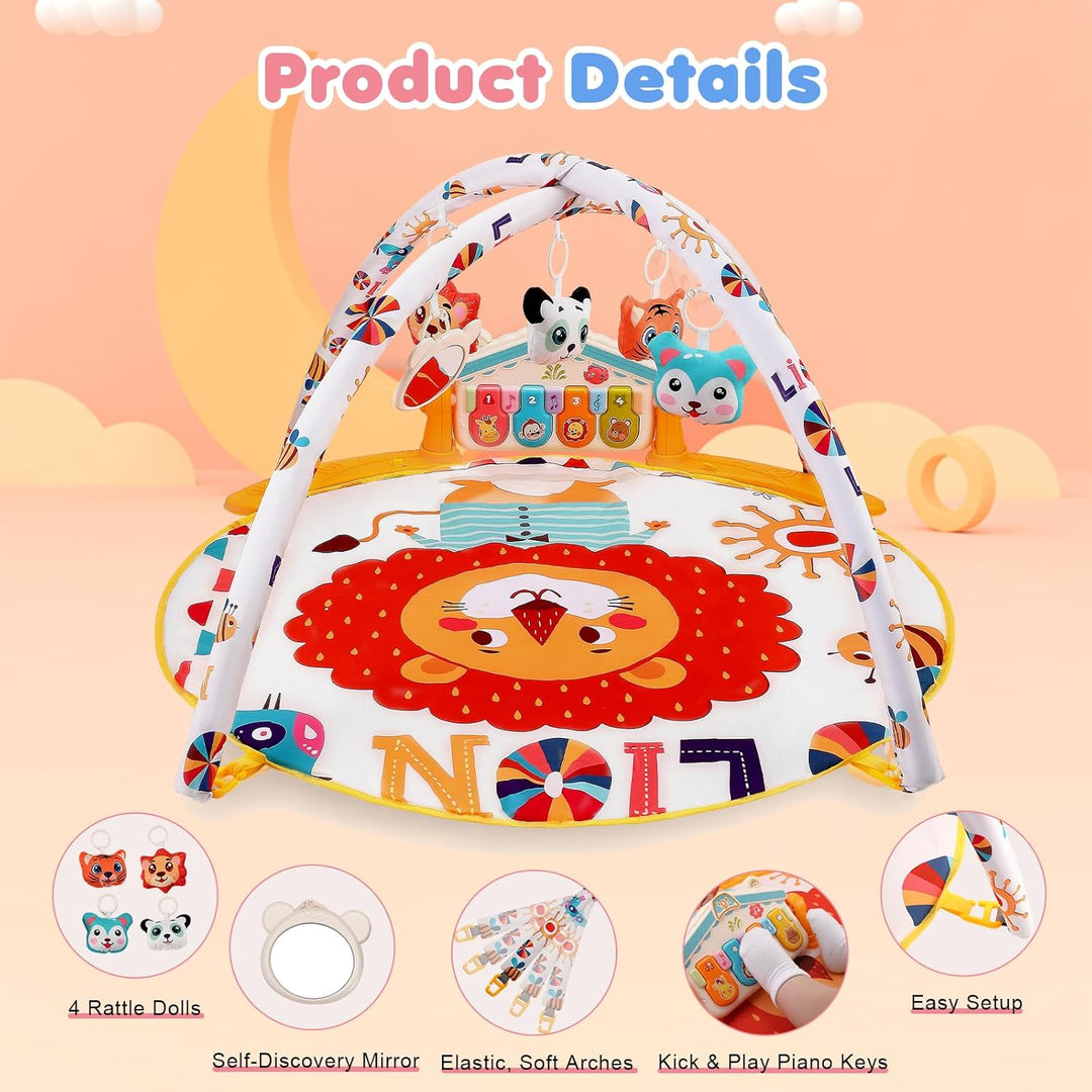 Spieldecke Baby Gym, 6 in 1 Spielbogen 0-12 Monate mit Musik Klaviermatte, 4 Hänge-Spielzeug, Licht