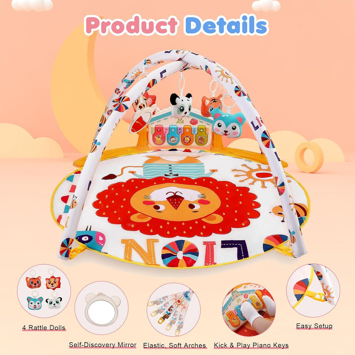 Spieldecke Baby Gym, 6 in 1 Spielbogen 0-12 Monate mit Musik Klaviermatte, 4 Hänge-Spielzeug, Licht