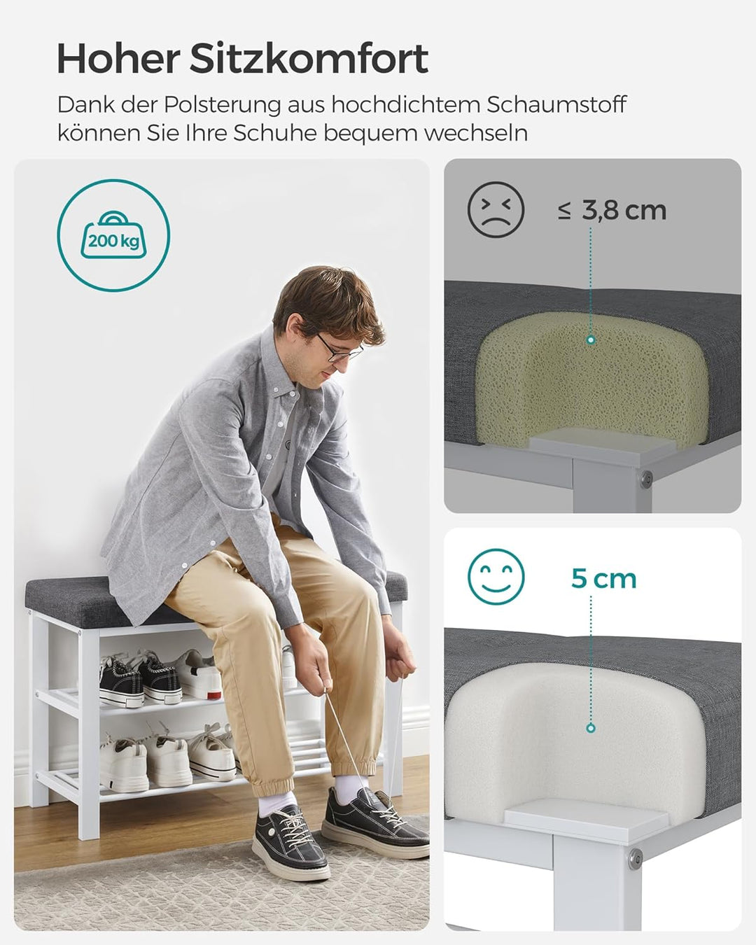 SONGMICS Schuhbank, Schuhregal mit 3 Ebenen, Schuhaufbewahrung, Sitz mit Schaumstoffpolsterung, Lein