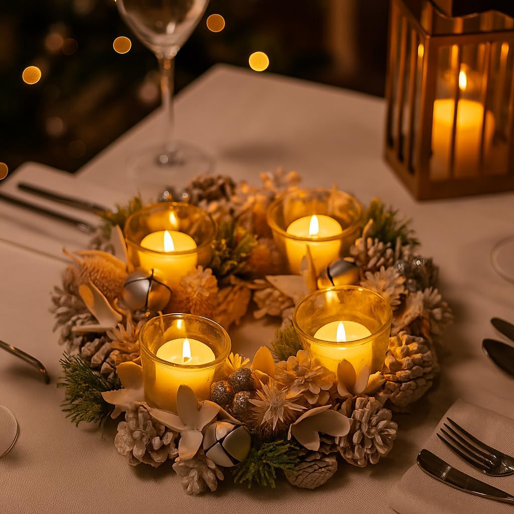 COM-FOUR® Tischkranz für Weihnachten - weisser Adventskranz mit Glitzer - Dekokranz mit 4 Teelichtha