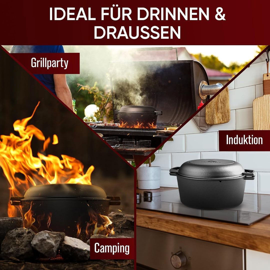Dutch Oven–2in1 Eingebrannter Gusseisen Topf 4,8 L & Gusspfanne 1,8 L–Dutch Oven Set mit Schmortopf