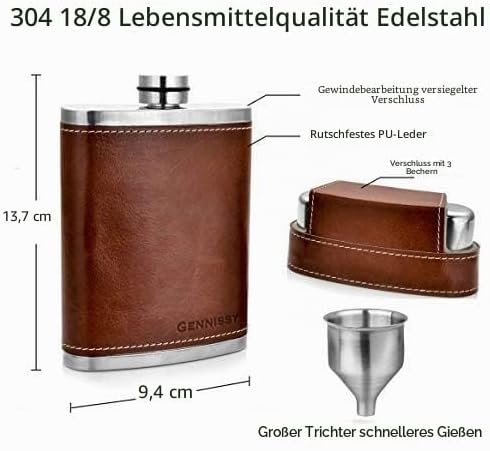 GENNISSY Edelstahl Flachmann,8oz braunes Leder mit 3 Bechern und Trichter, 100% auslaufsicher Braun