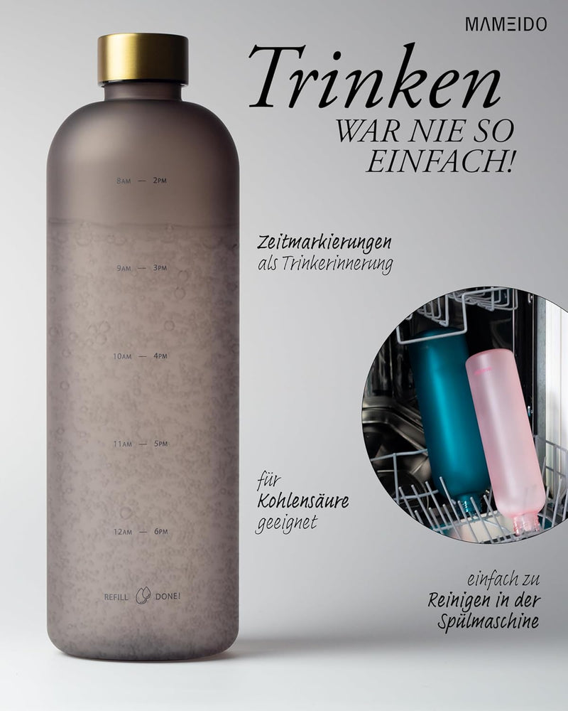 MAMEIDO Trinkflasche 1,5l & 1l Kohlensäure geeignet, auslaufsichere Trinkflasche mit Zeitmarkierung