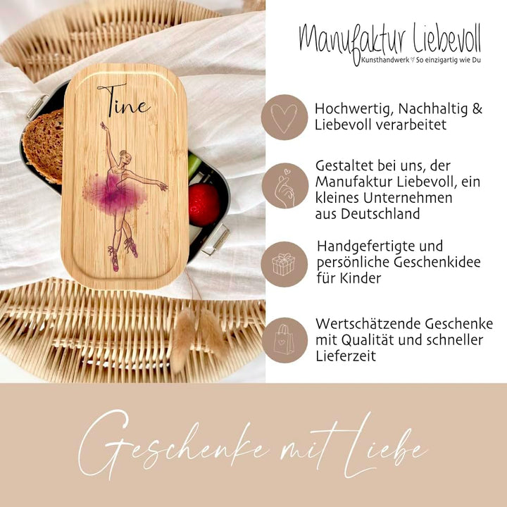 Manufaktur Liebevoll - Personalisierte Brotdose mit Fächern, Edelstahl Lunchbox mit Bambus Deckel u.