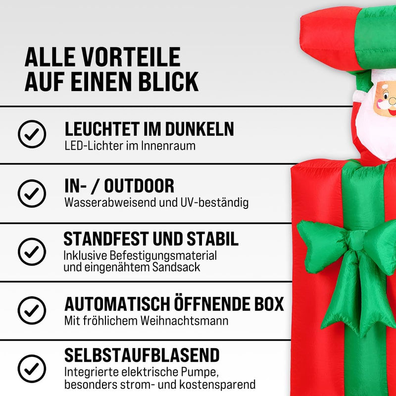 MONZANA® Aufblasbarer Weihnachtsmann 152cm Springt-aus-der-Box LED Beleuchtet IP44 Aussen Weihnachte