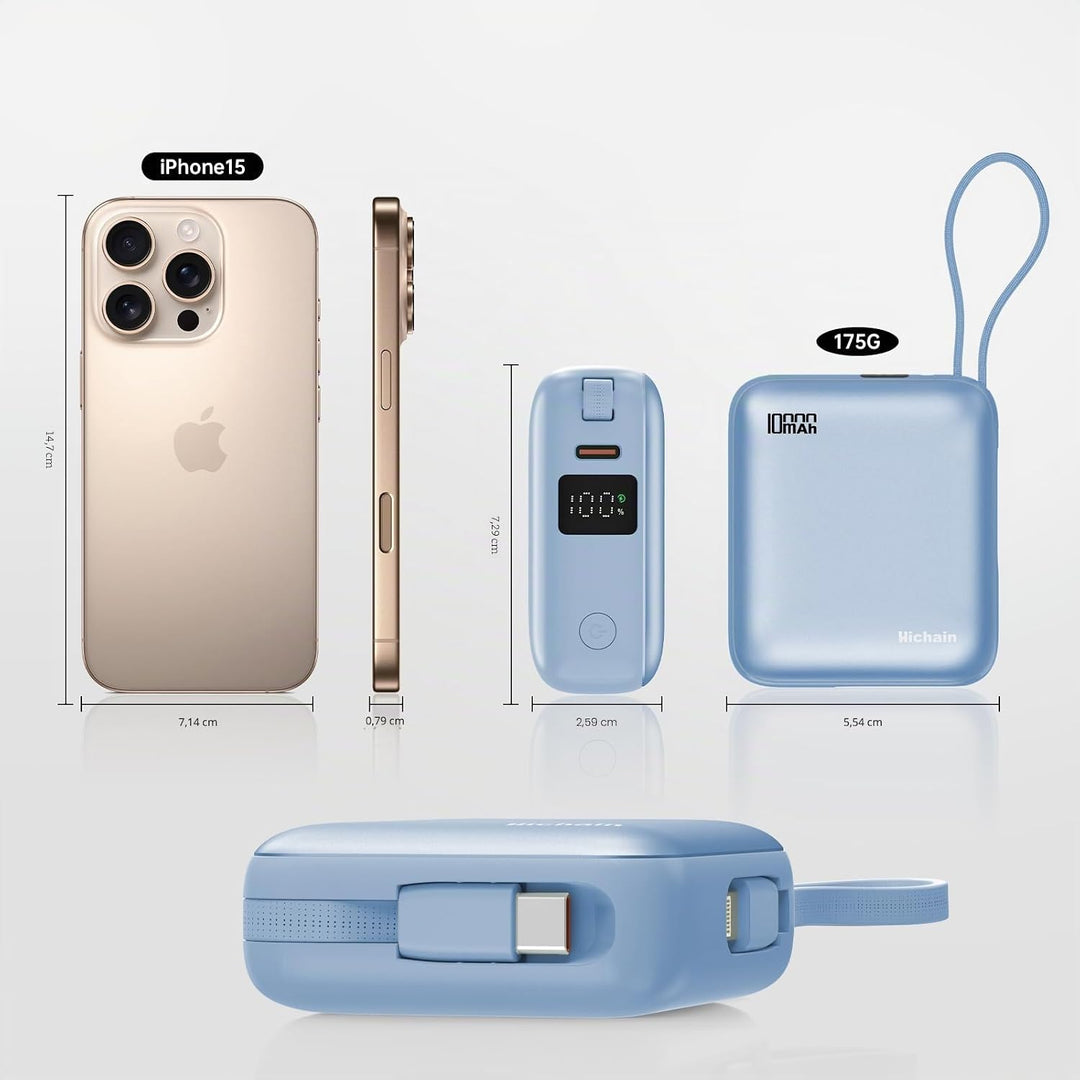 Hichain Power Bank Klein, 10000mAh 22,5W Powerbank USB C Schnellladen mit Integriertem USB-C Kabel,