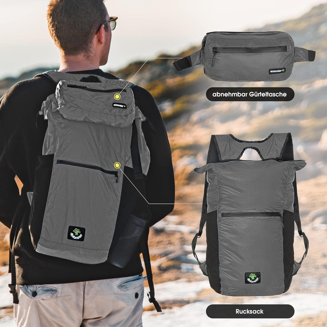 4Monster Faltbarer Rucksack Ultra Leicht, Unisex Tagesrucksack Outdoor, 2in1 Gürteltasche, Wasserdic