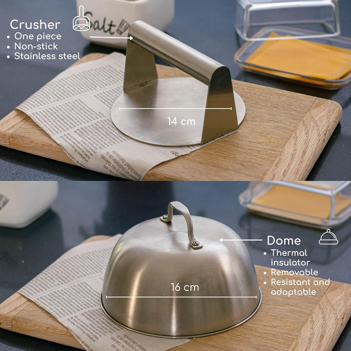 ADEGO Smash Burger Professionelles Set aus Edelstahl + QR mit Rezeptbuch - EU-zertifiziertes Produkt