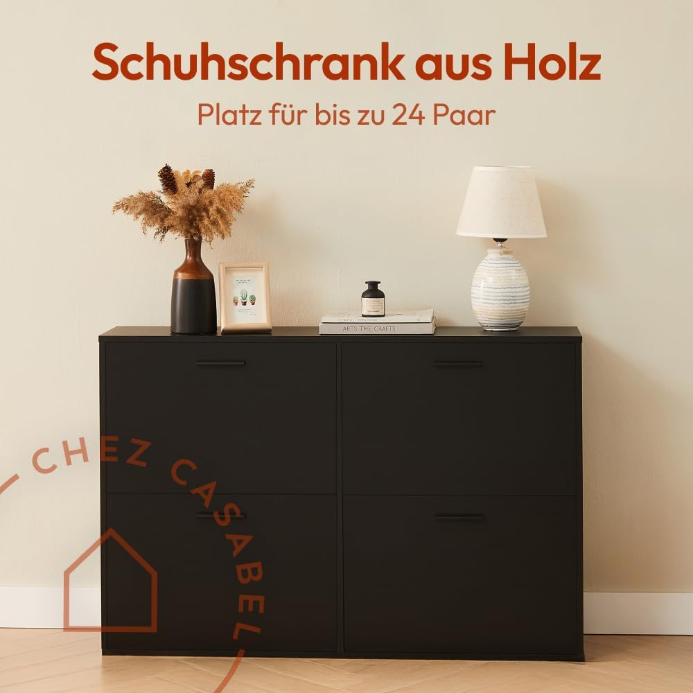 CASABEL Schuhschrank mit 4 Klappen – Schuhschrank Eingang Schwarz, Modernes Design, Grosse Kapazität