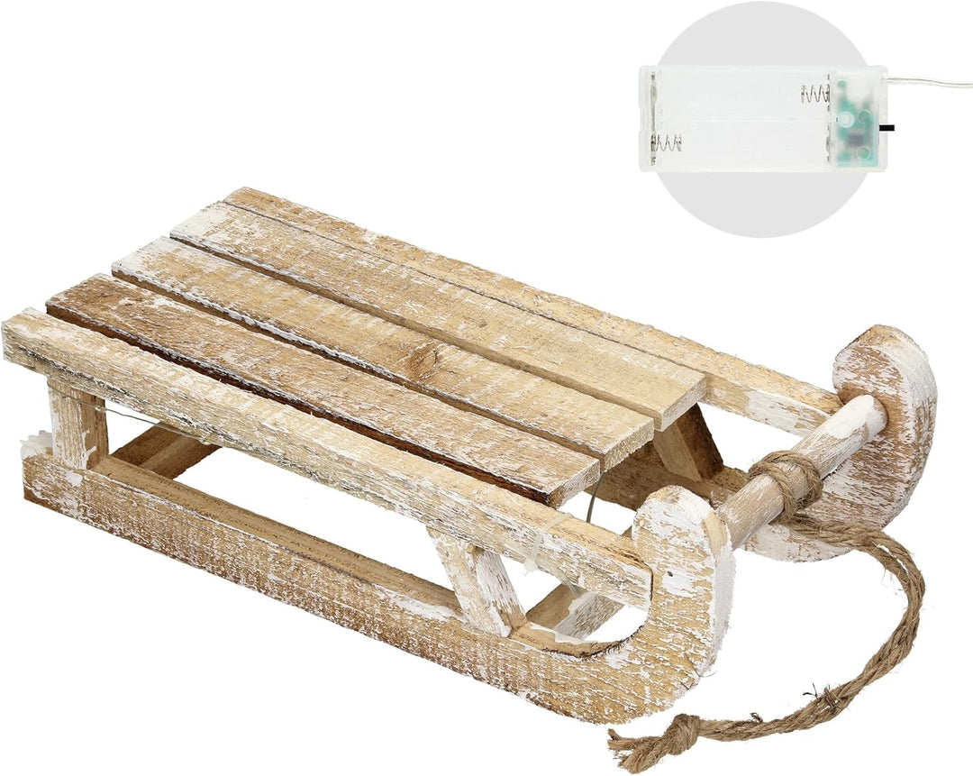 ECD Germany Deko Schlitten aus Holz mit 25 Warmweissen LEDs, 31,5x14,5x10,5 cm, Braun-Natur, Batterr