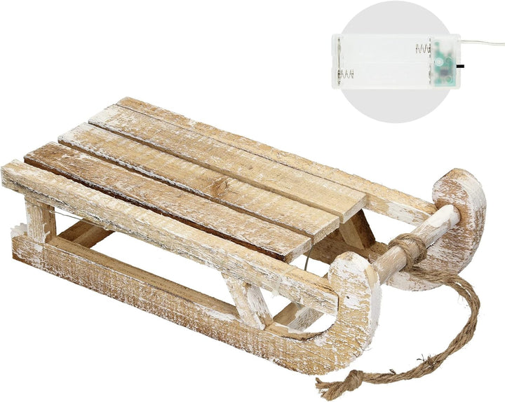 ECD Germany Deko Schlitten aus Holz mit 25 Warmweissen LEDs, 31,5x14,5x10,5 cm, Braun-Natur, Batterr